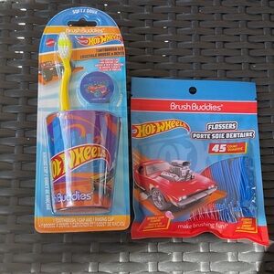 Hot Wheels Brush Buddies Set Toothbrush,cover and rinsing cup + 45 Flossers New